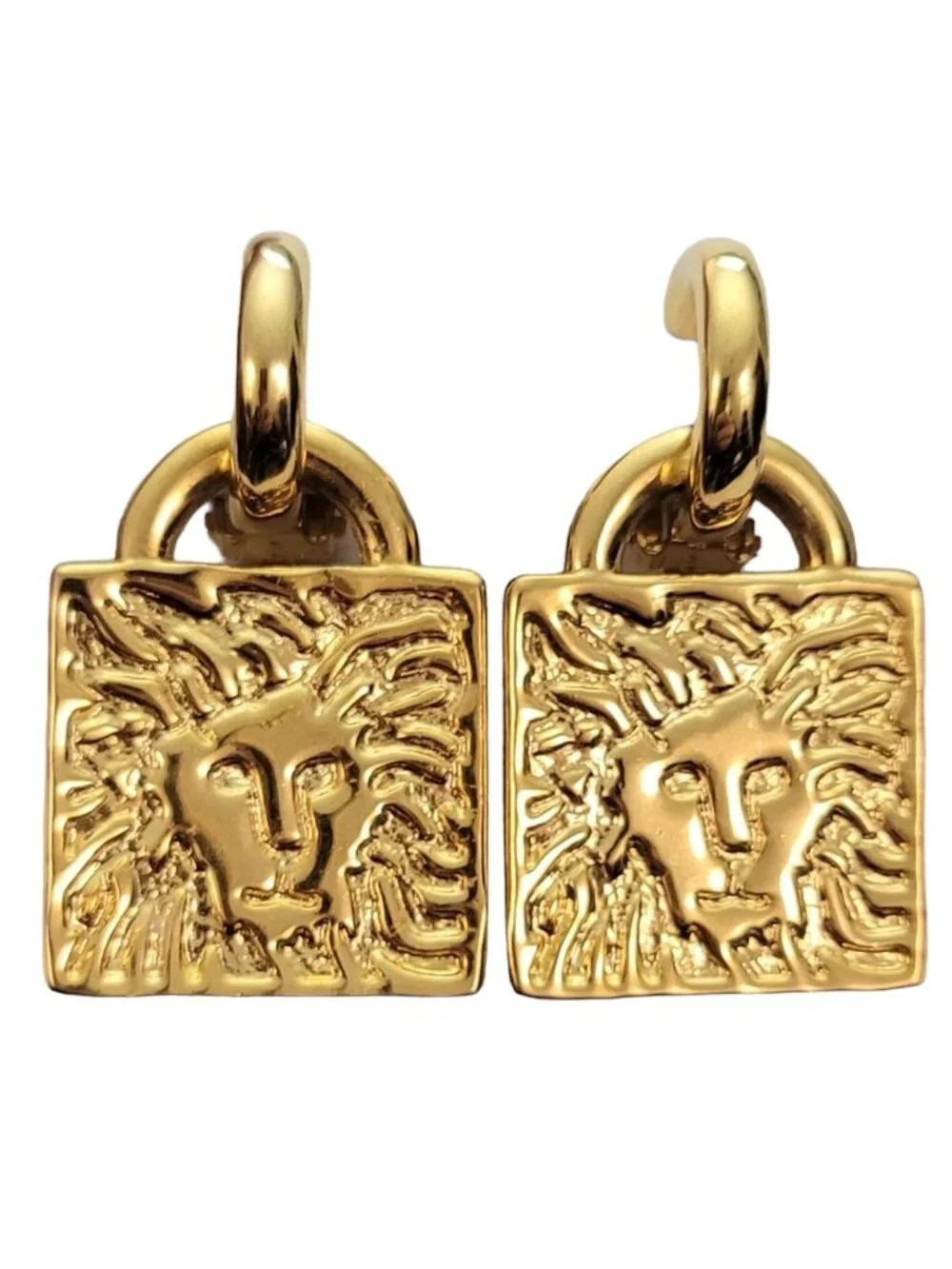 Anne Klein Gold-Tone Hoop Square Signature Lion Head Jacket Clip Earrings E965